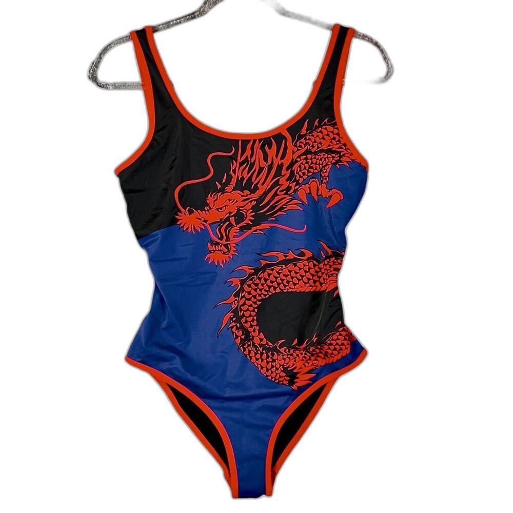 Balmain Paris One Piece 1pc Swimsuit Large Dragon Navy Red Womens 40 Made Italy